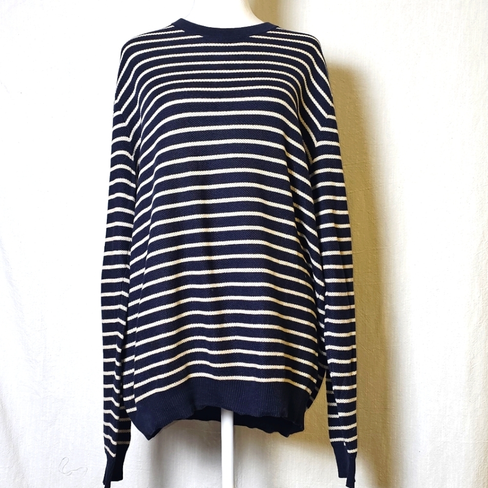 Vince Navy and Cream Striped Crewneck Sweater